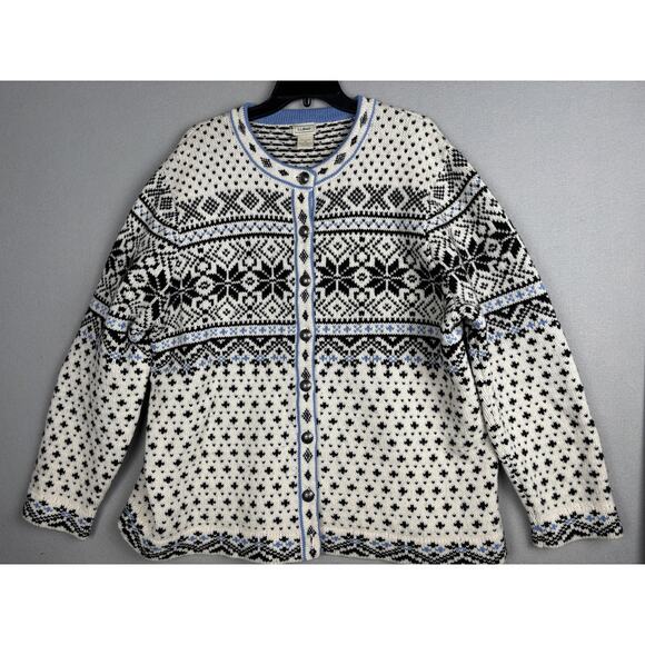LL Bean Sweater Womens 2X Blue White Black Fair Isle Lambswool Cardigan Knit - Picture 1 of 16